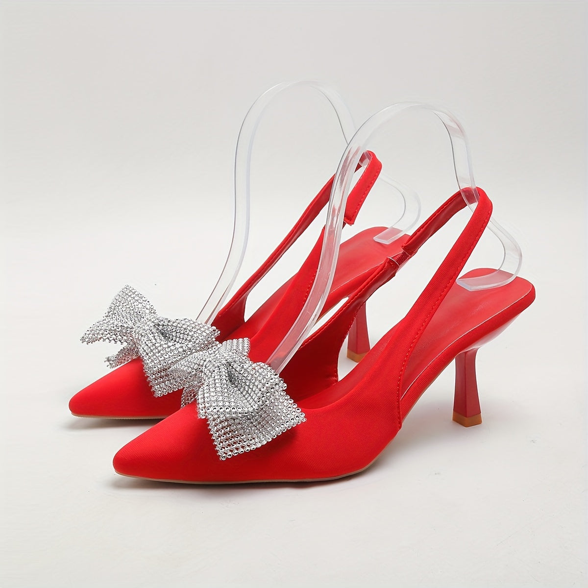 Rhinestone Bow Sandals Pointed Toe Slingback Mid Heels