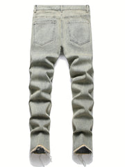 Navy Washed Slim Fit Jeans Men's Casual Street Style High Stretch Denim Pants