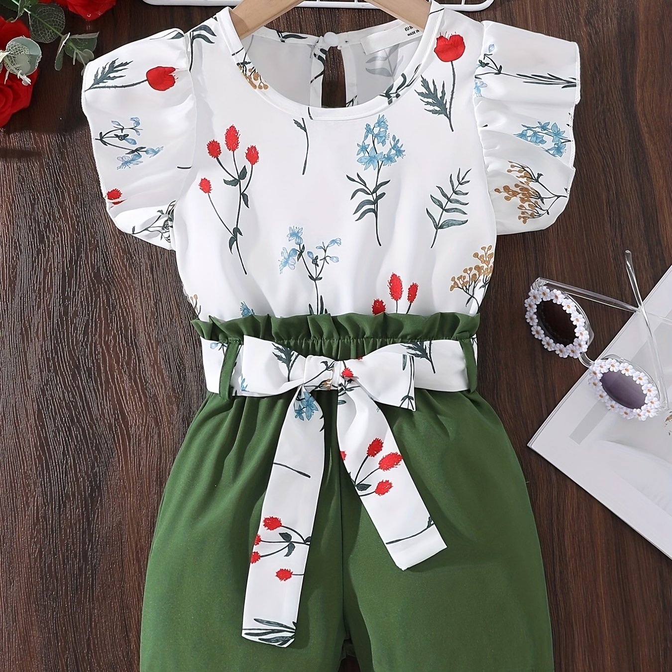 Girl's Floral Pattern Ruffle Sleeve Shirt & Belted Shorts Set