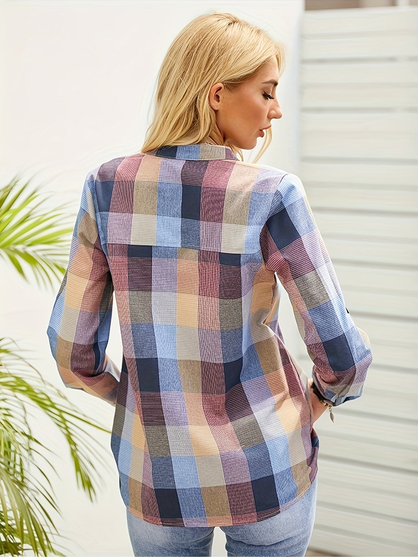Colorblock Grid Button Up Blouse Long Sleeve Round Neck