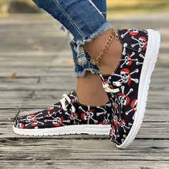 Women's Skull Pattern Lace-up Canvas Shoes Low Sporty Flats Lightweight