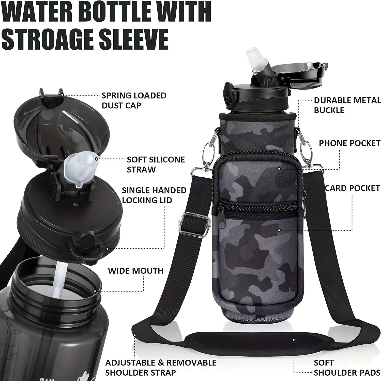Water Bottle Storage Bag Cup Sleeve with Adjustable Strap