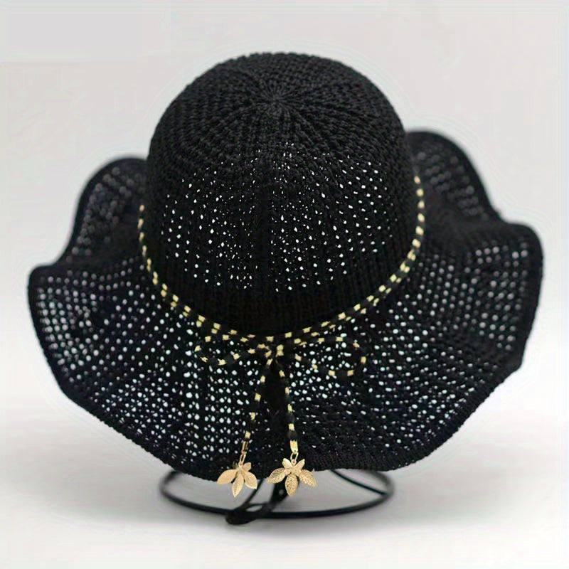 Ruffles Hollow Out Sun Hat Solid Floppy Bucket Hat Bowknot Decor Crochet