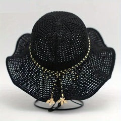Ruffles Hollow Out Sun Hat Solid Floppy Bucket Hat Bowknot Decor Crochet