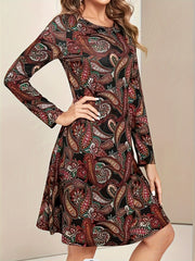Paisley Print Long Sleeve Boho Dress