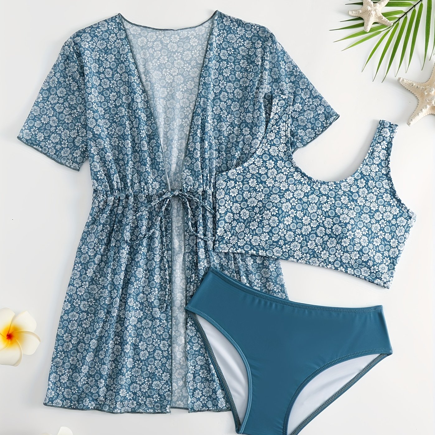 Girls' Tropical Print Bikini Set with Sunscreen Cardigan Shirt