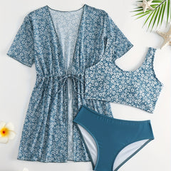 Girls' Tropical Print Bikini Set with Sunscreen Cardigan Shirt