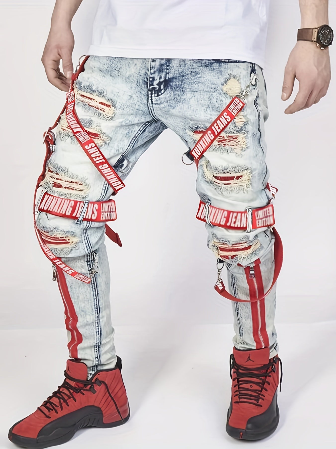 Men's Paneled Denim Jeans Slim Fit Zipper Fly Casual Trousers