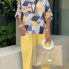 Women's Plus Geometric Print Top & Solid Pants Two Piece Set