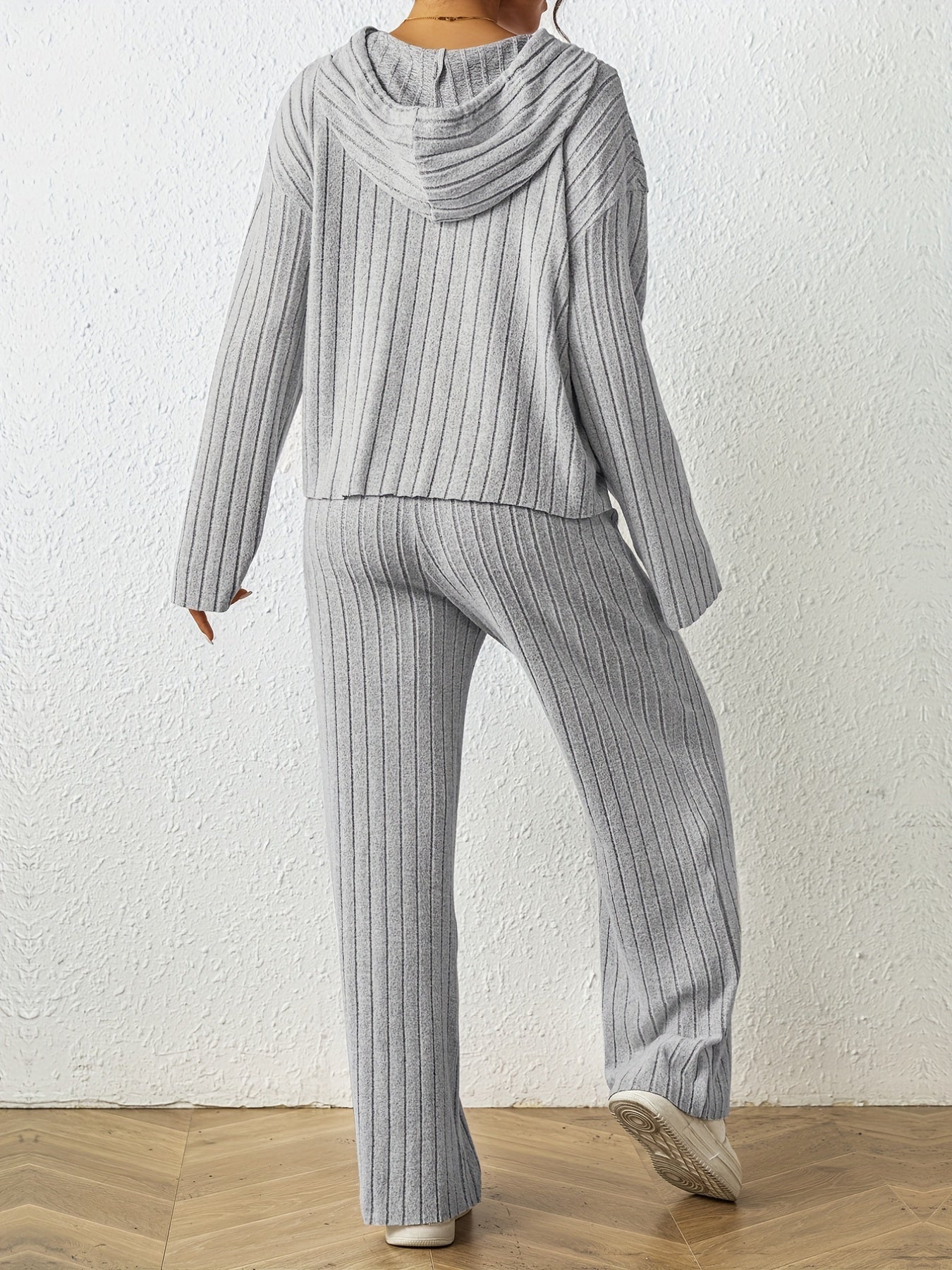 Solid Knit 2pc Set Long Sleeve Hoodie & Wide Leg Pants