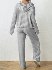 Solid Knit 2pc Set Long Sleeve Hoodie & Wide Leg Pants