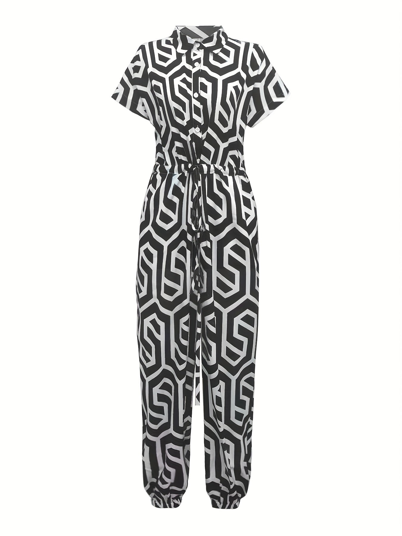Print Drawstring Waist Jumpsuit Short Sleeve Button Jumpsuit