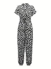 Print Drawstring Waist Jumpsuit Short Sleeve Button Jumpsuit