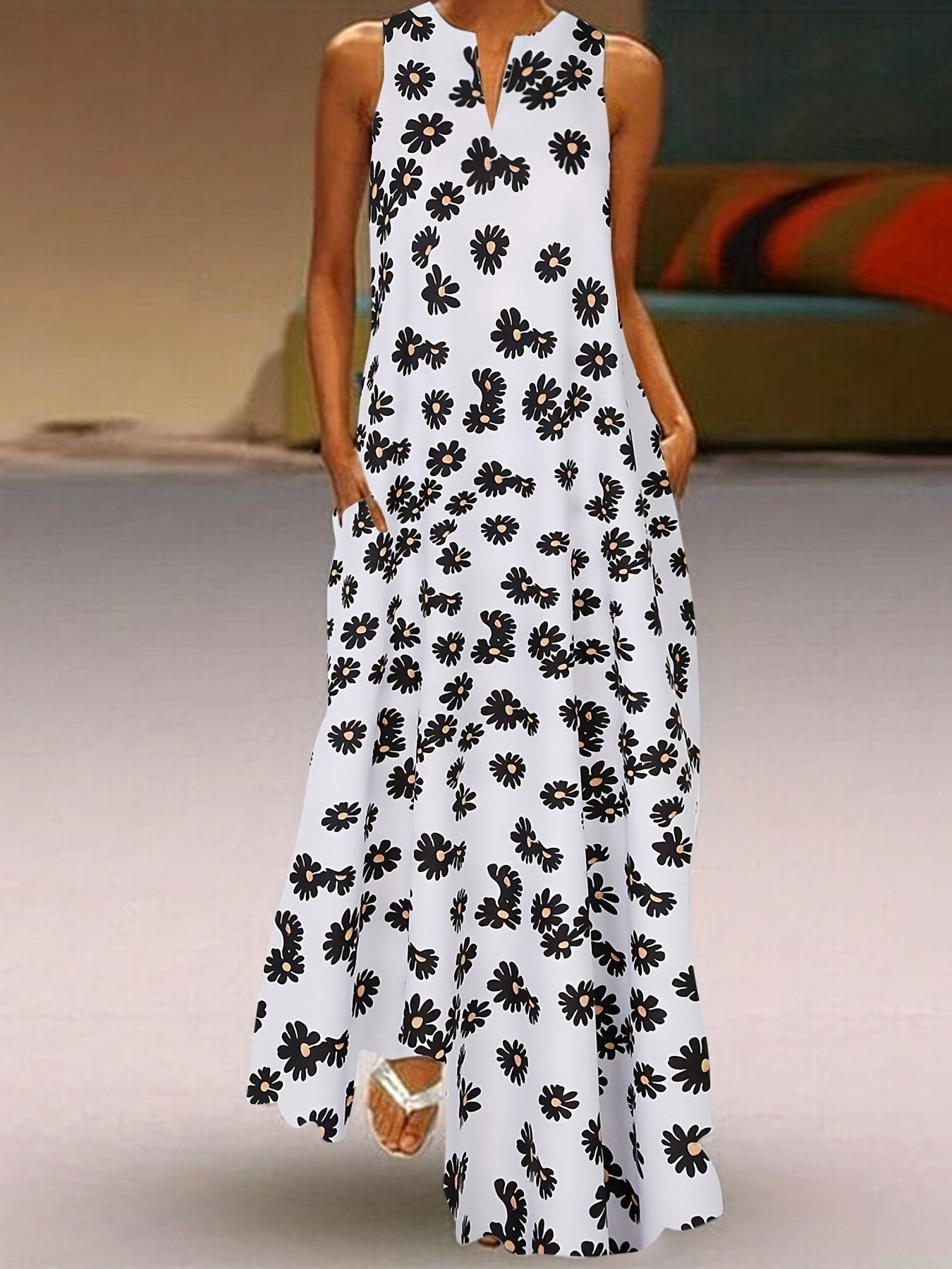 Floral Notched Neck Dress Boho Sleeveless Dress Spring Summer Clothing