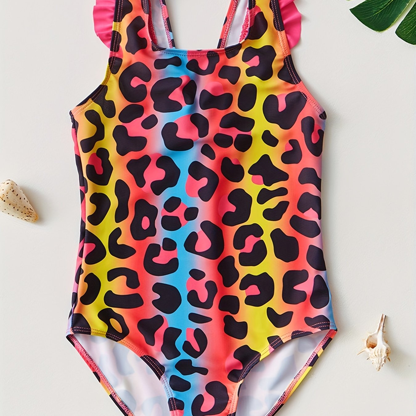 Toddler Girls Leopard Graphic Swimsuit Ruffled Trim