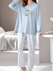 Letter Print Lounge Set Long Sleeve Crew Neck Top & Pants