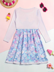 Girls Fish Scale Graphic Long Sleeve Dress