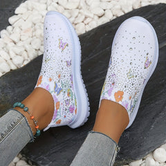 Women's Rhinestone Decor Sock Shoes Butterfly & Floral Print Slip On Shoes