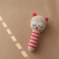 Crochet Owl Bell Toy Soft Nylon Sensory Stimulation Bead Eyes Pink Teething Toy