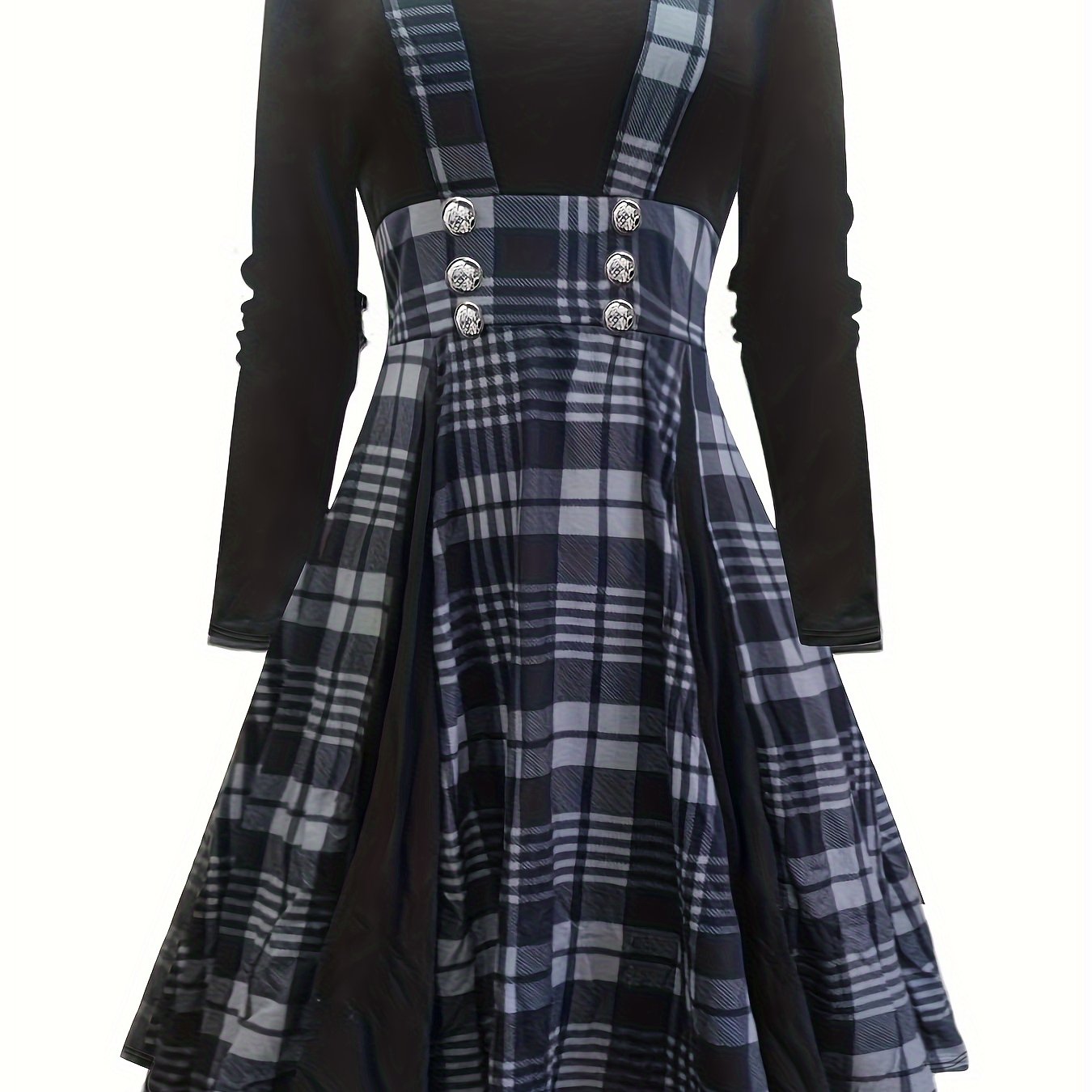 Retro Dress Women's Plus Plaid Long Sleeve V Neck Dress