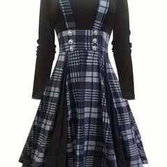 Retro Dress Women's Plus Plaid Long Sleeve V Neck Dress