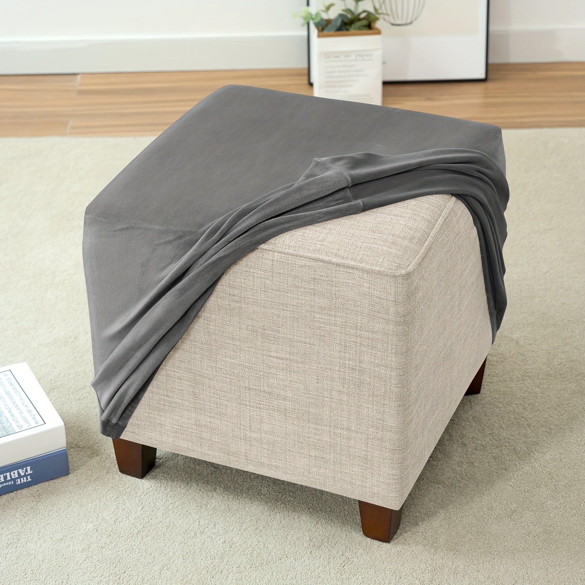 Velvet Square Ottoman Slipcover Elastic All-inclusive Stool Cover