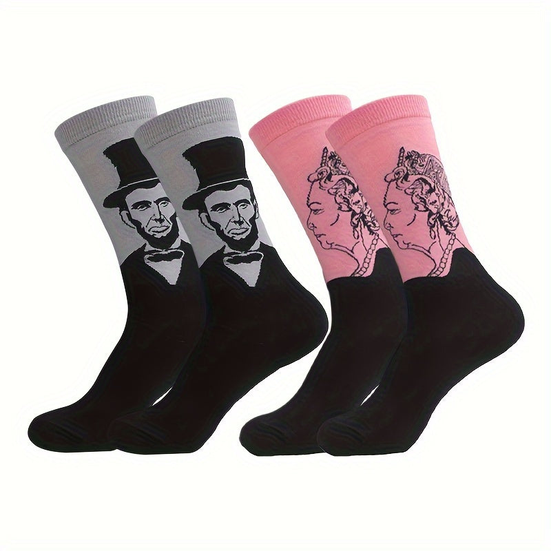 Men's Illustration Pattern Crew Socks 2 Pairs