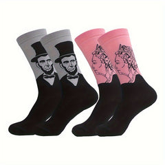 Men's Illustration Pattern Crew Socks 2 Pairs