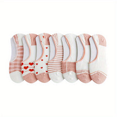 7 Pairs Heart Print Low Cut Ankle Socks Women's Stockings