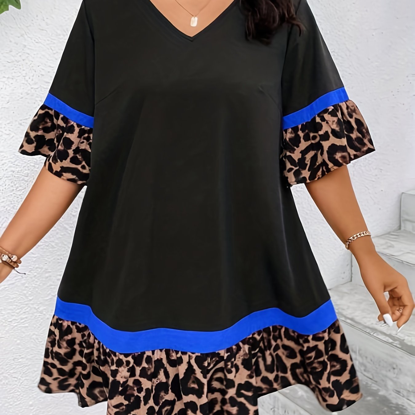 Plus Size Colorblock Leopard Print Ruffle Trim Bell Sleeve Loose Dress