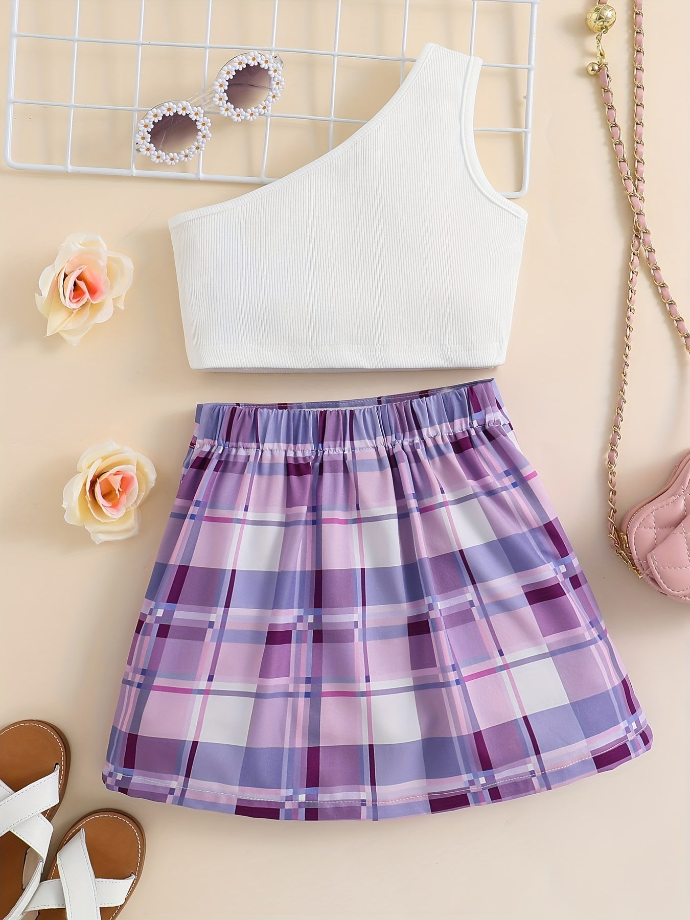 2pcs Toddler Girls Ribbed Crop Top Plaid Button Skirt Set