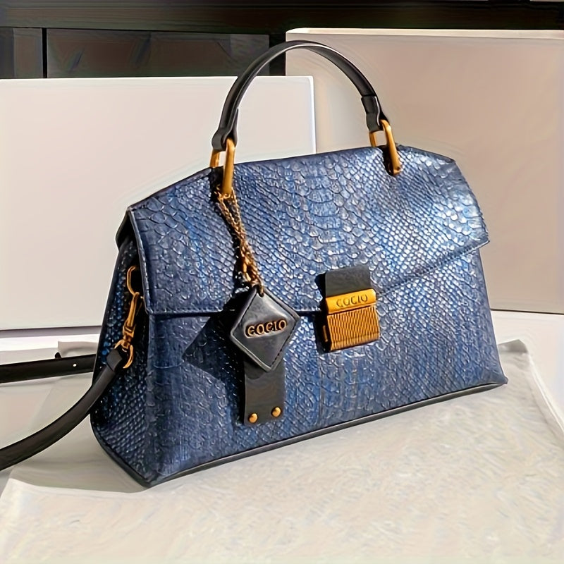 Vintage Croc Pattern Large Tote Bag Women Split Leather Shoulder Detachable Stra