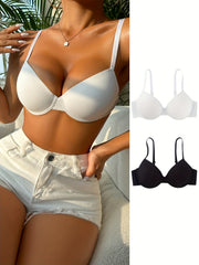 2pcs Solid Push Up T-Shirt Bras Breathable Comfy Women's Lingerie & Underwear