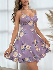 Floral Print Ruffle Nightdress Spaghetti Strap Sleep Dress