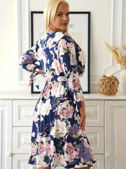 Plus Floral Print Knot Long Sleeve Surplice Neck Knee Length Dress With Belt
