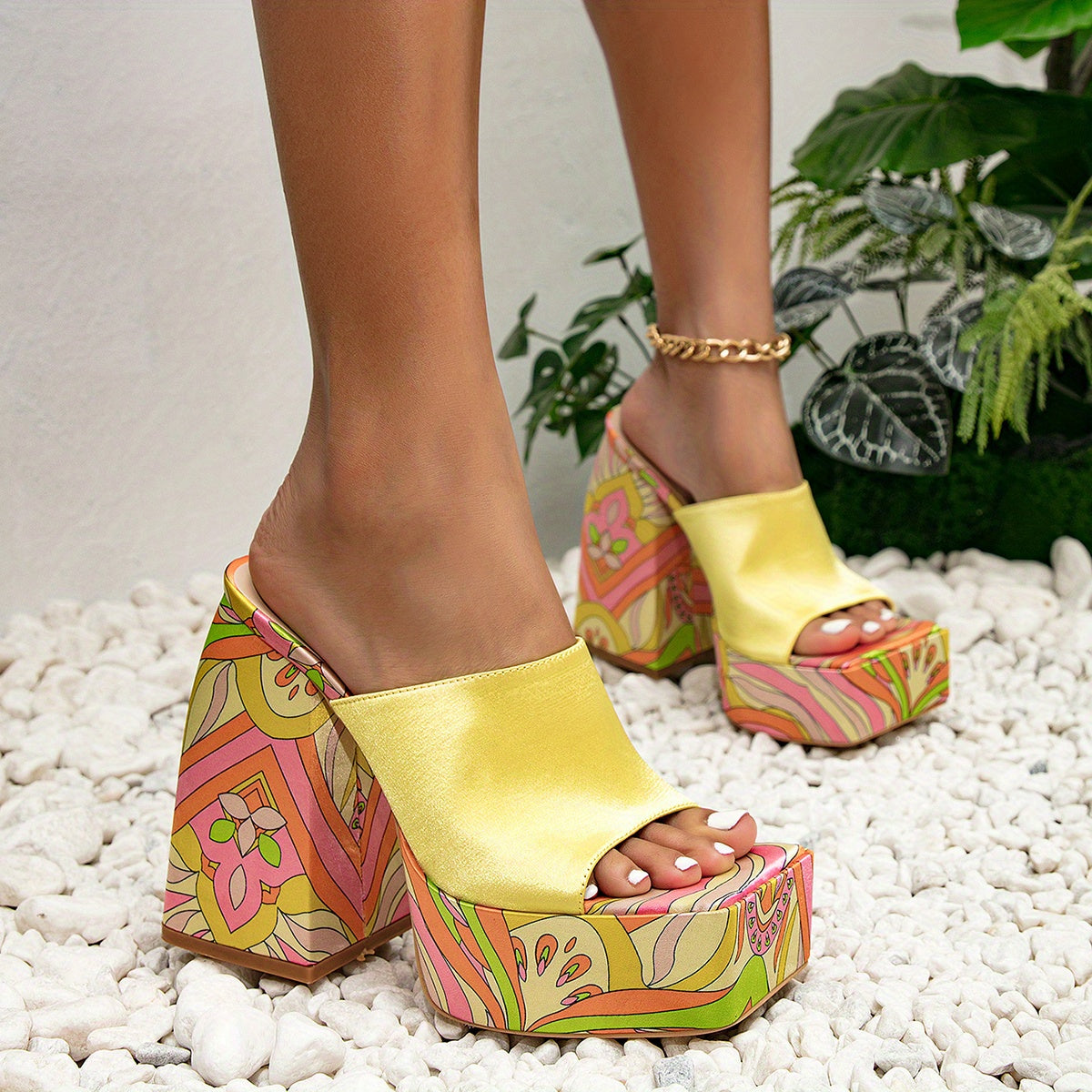 Boho Style Chunky Heel Sandals Cartoon Print Slingback High Heels