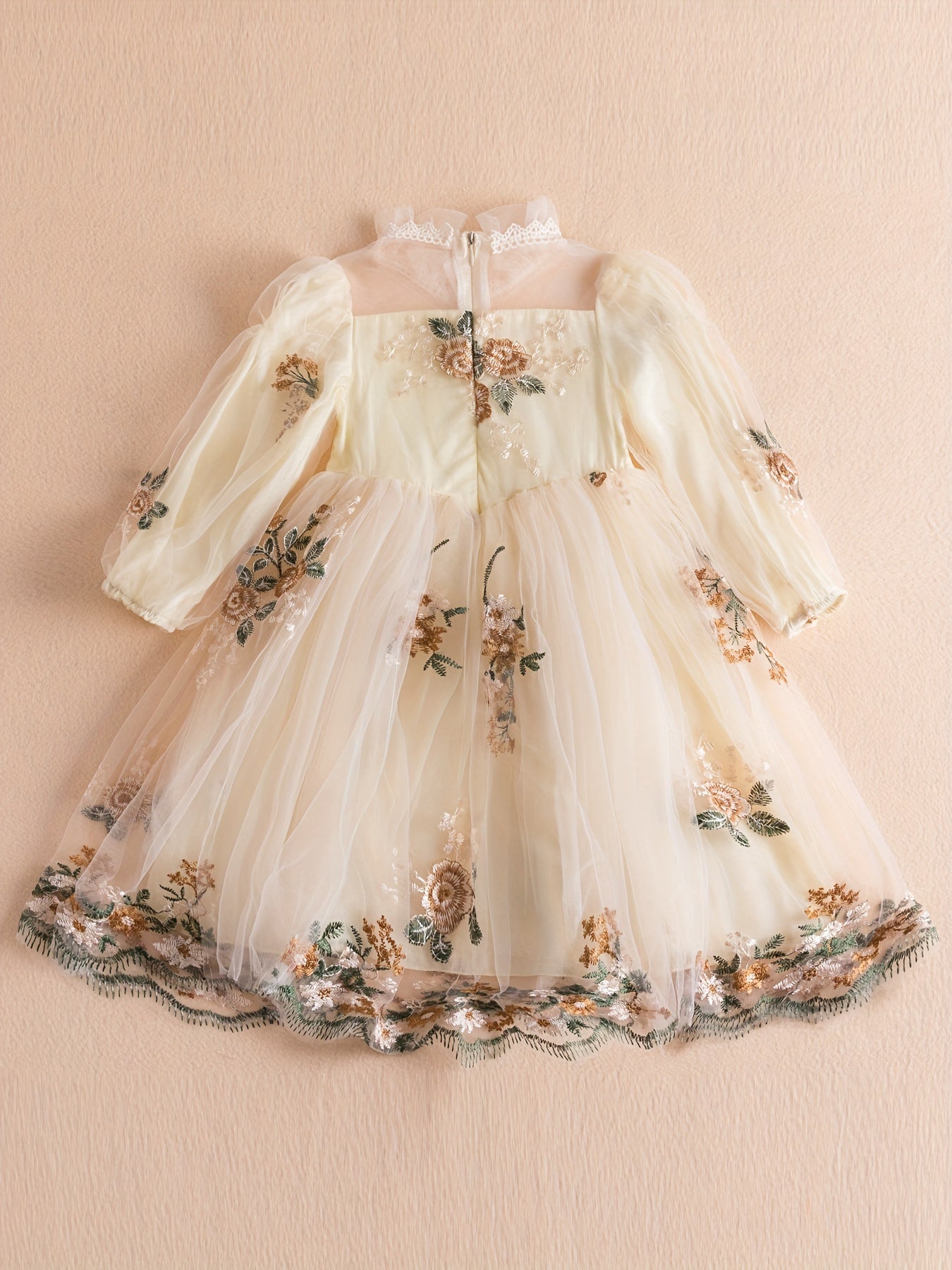 Girls Casual Flower Mesh Sleeves Embroidery Voile Dress For Wedding Party