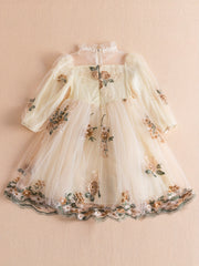Girls Casual Flower Mesh Sleeves Embroidery Voile Dress For Wedding Party