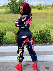 Graffiti Print Long Sleeve Button Jumpsuit
