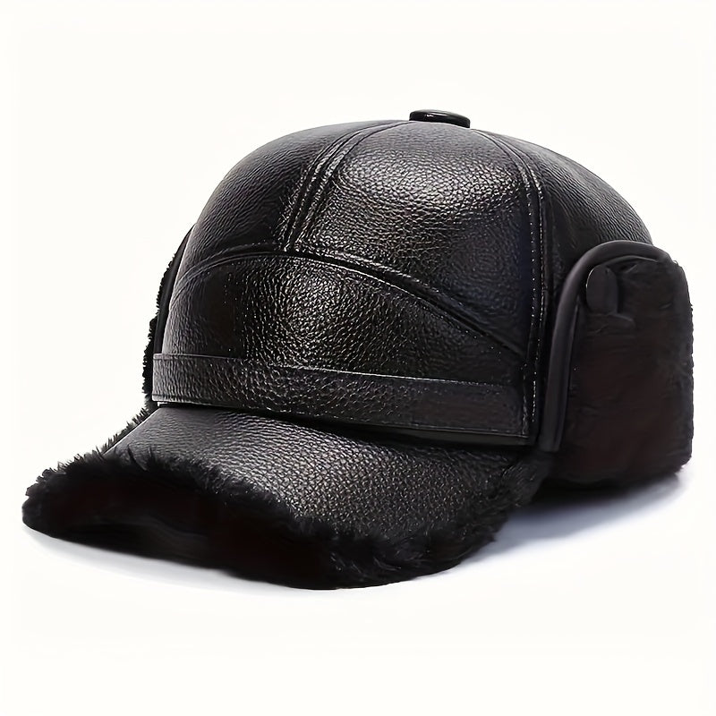 Men's Winter Plush Warm Leather Baseball Cap With Earflaps