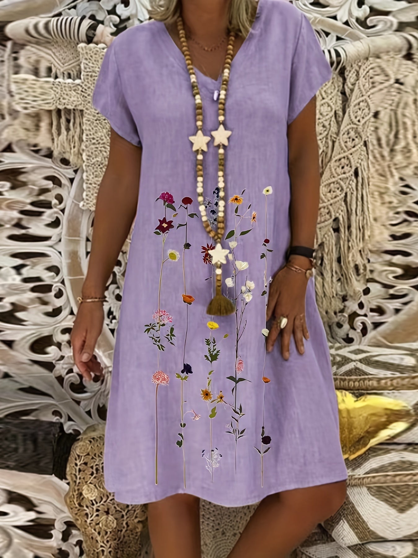Floral Print V Neck Dress Short Sleeve for Spring & Summer