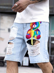 Colorful Toy Bear Pattern Ripped Denim Shorts Men's Casual Street Style Dist