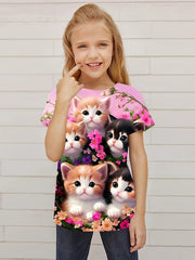 Adorable Kitty Graphic Crew Neck Short Sleeve T shirt Girls Casual Pullover Tops