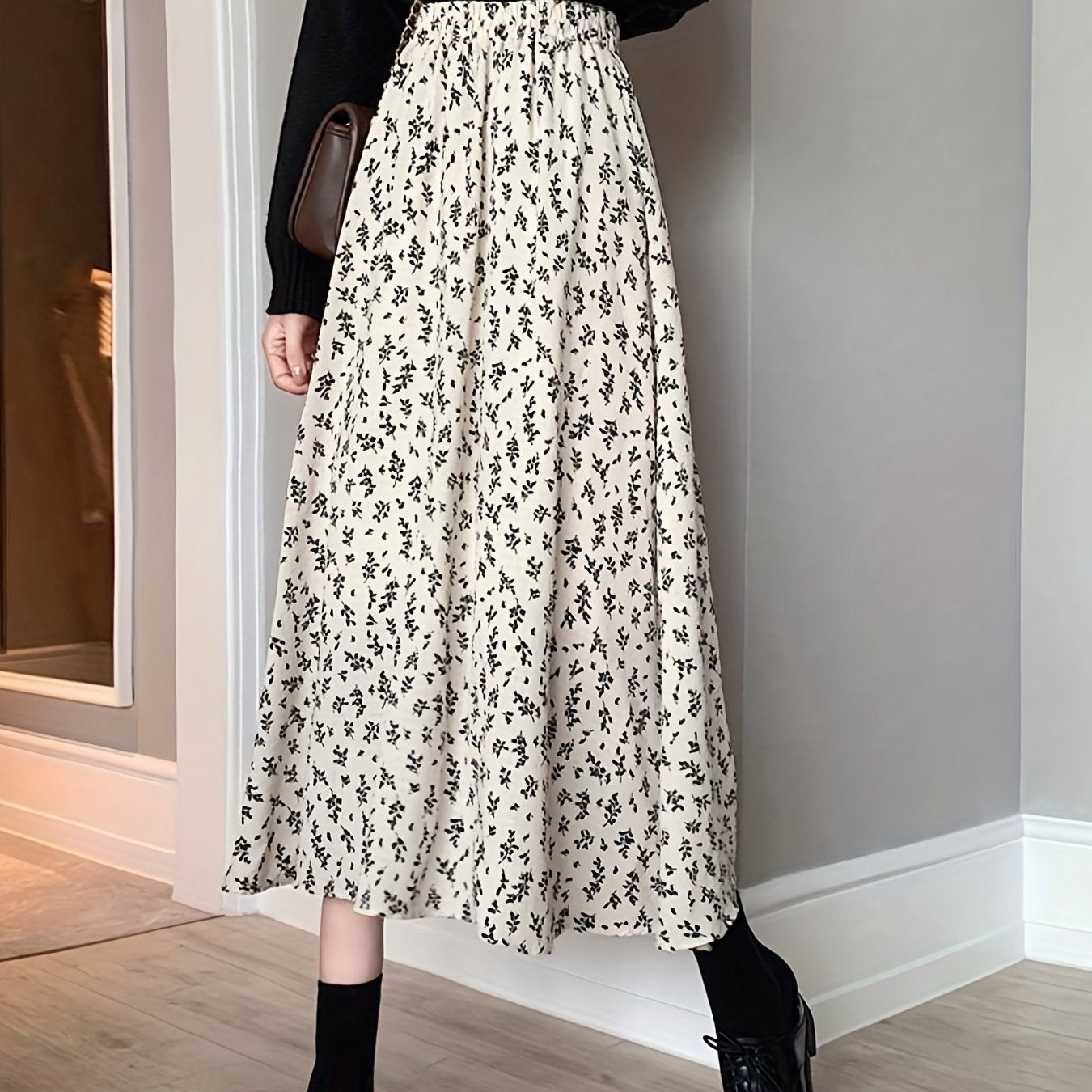 Floral Print Elastic Waist Skirt for Spring & Summer