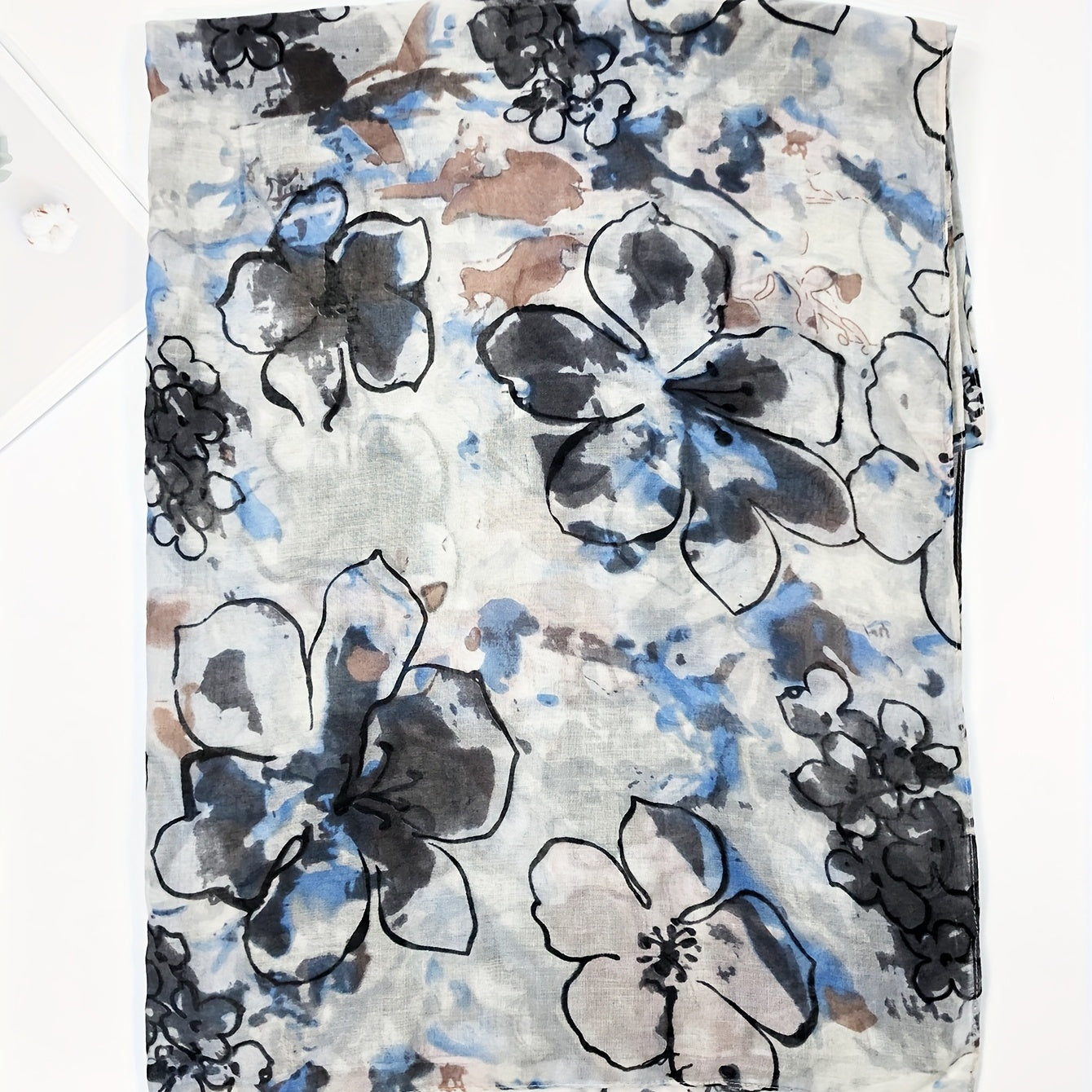 Gray Flower Print Scarf Vintage Tie Dye Shawl Lightweight Casual Head Wrap