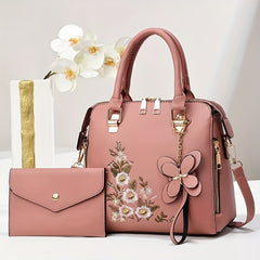 Women's Floral Embroidered Handbag Set with Clutch