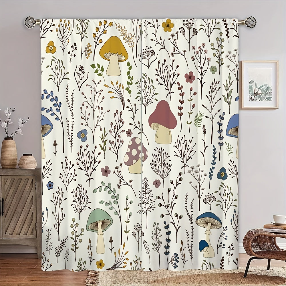 2pcs Mushroom Flowers Printed Window Curtains for Kids Bedroom