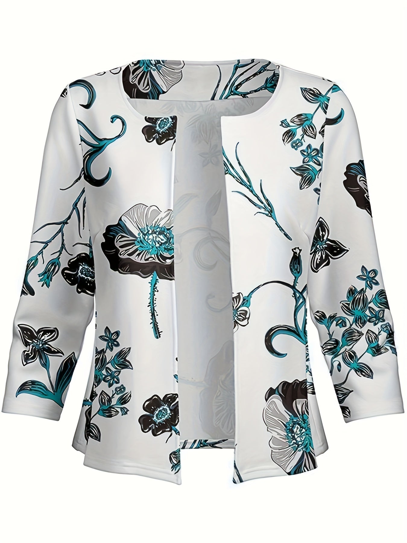 Floral Print Three Quarter Sleeve Open Front Blazer