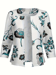 Floral Print Three Quarter Sleeve Open Front Blazer