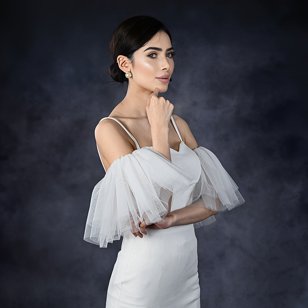 Puffy Sleeve Bridal Gown & Tulle Bridesmaid Dress